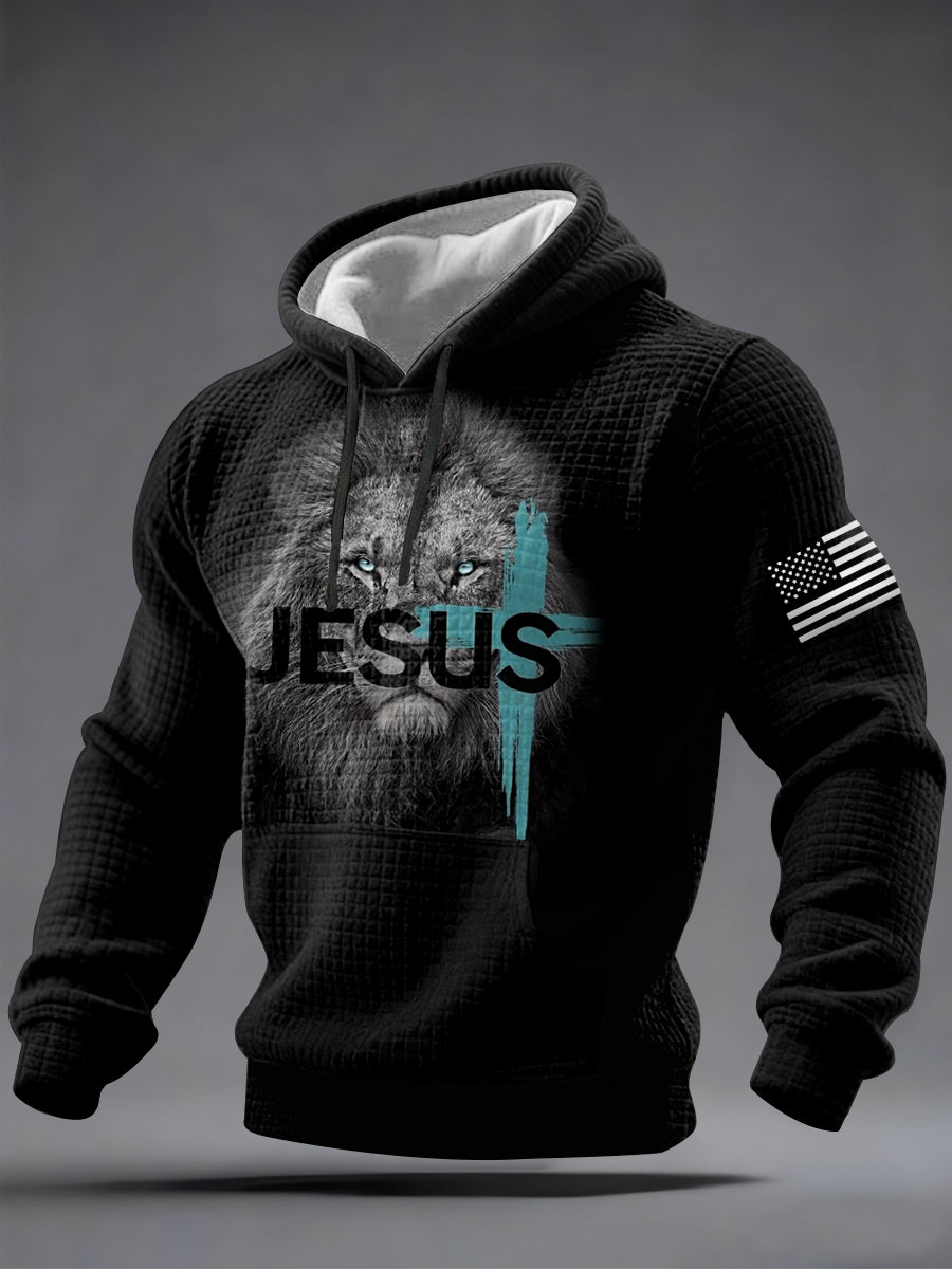Men's Jesus Lion Print Casual Checkered Hoodie