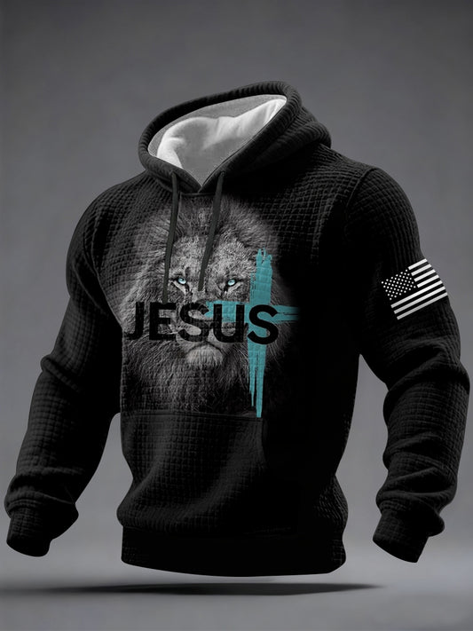 Men's Jesus Lion Print Casual Checkered Hoodie
