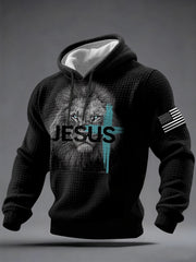 Men's Jesus Lion Print Casual Checkered Hoodie