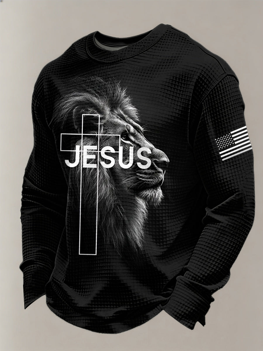 Men's Jesus Lion USA Flag Print Casual Long Sleeve T-Shirt