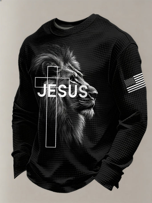 Men's Jesus Lion USA Flag Print Casual Long Sleeve T-Shirt