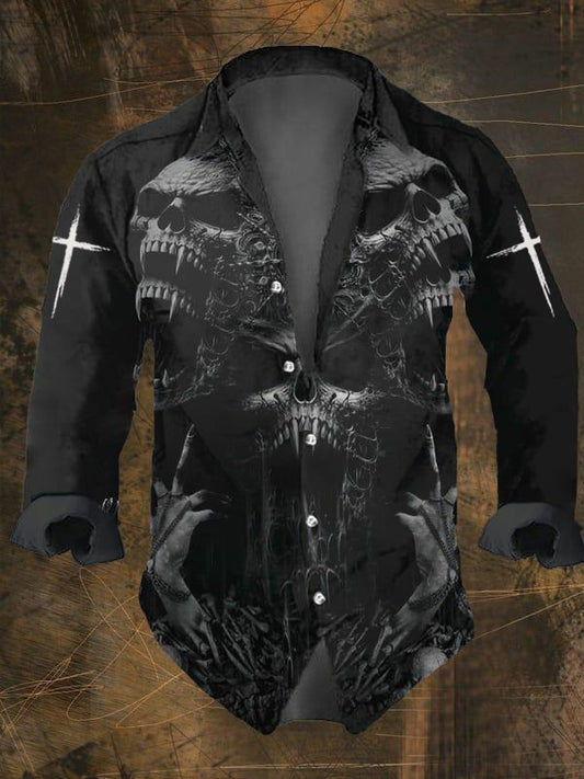 Men's Vintage Skull Faith Cross Long Sleeve Shirt