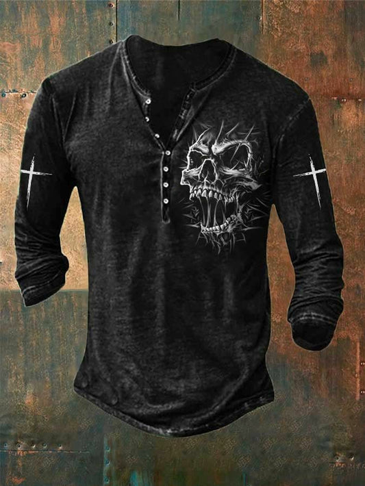 Men's Vintage Skull Faith Cross Printed Henry Long Sleeve Shirt