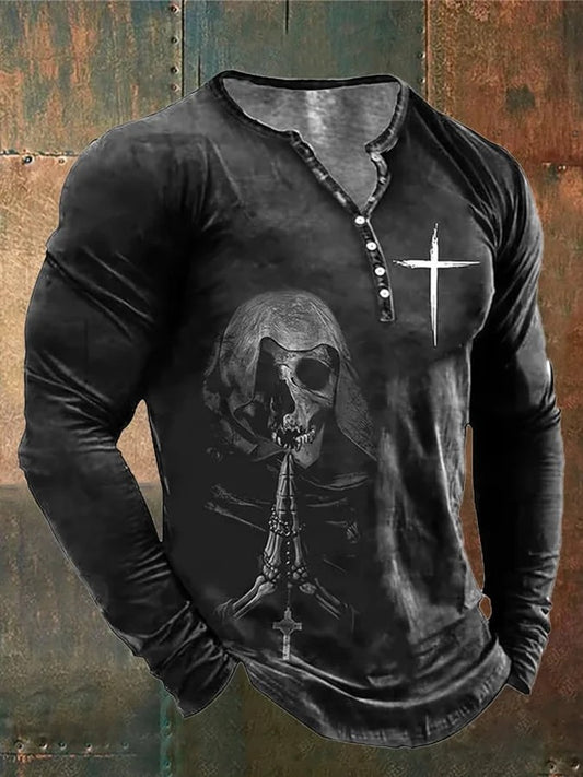 Men's Vintage Skull Faith Cross Printed Henry Long Sleeve Shirt