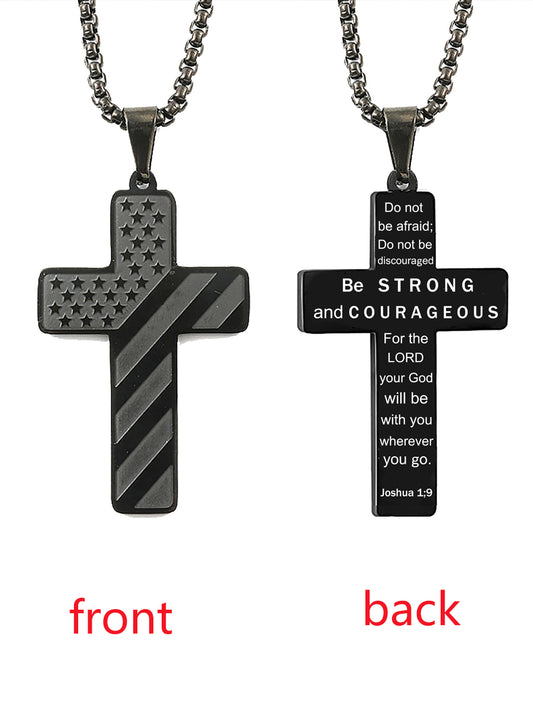 Unisex American Flag Cross Be Steong and Courageous Stainless Steel Necklace