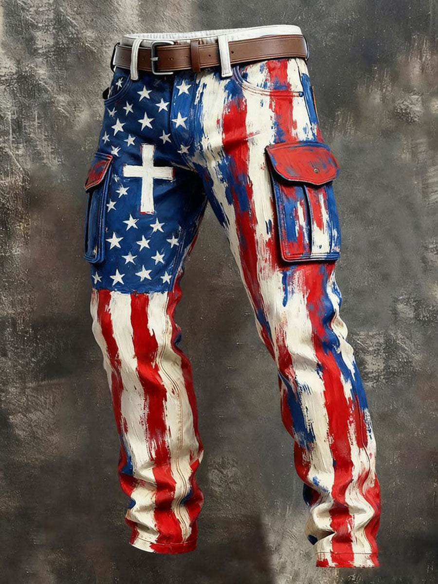Men's Retro Faith American Flag Art Pocket Cargo Pants
