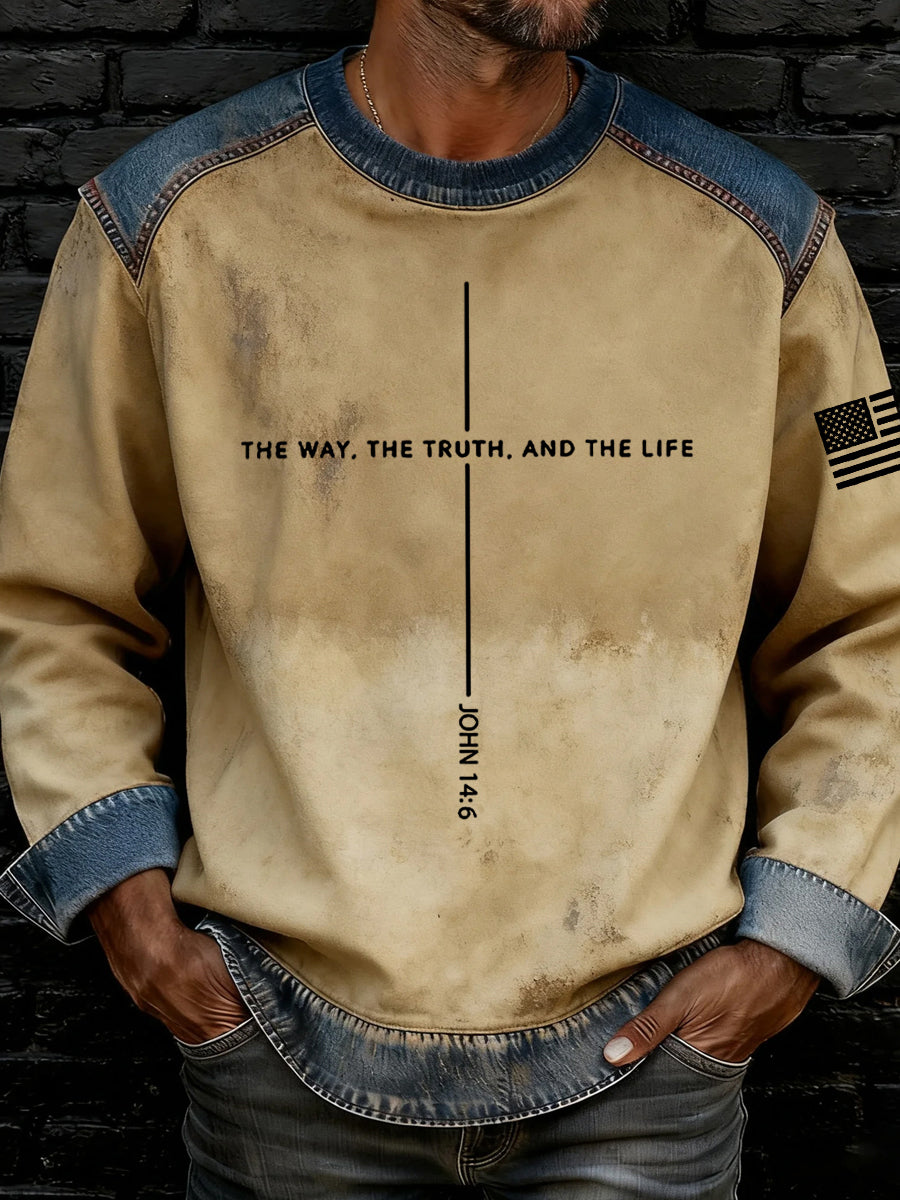 Men's The Way The Truth The Life John 14:6 Cross Printed Denim Patchwork Sweatshirt