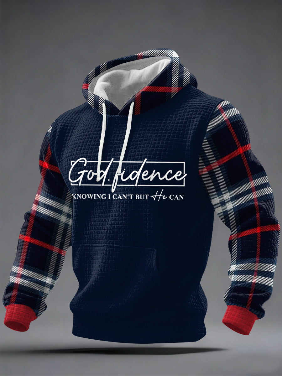 Men's God Fidence Plaid Print Casual Checkered Hoodie