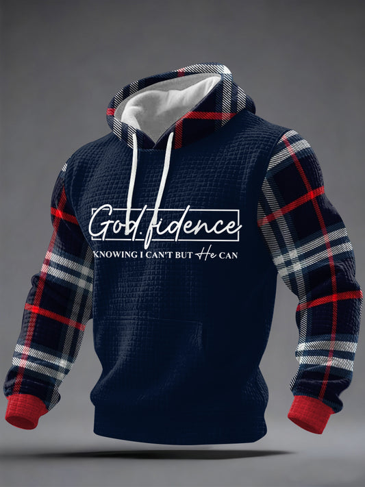Men's God Fidence Plaid Print Casual Checkered Hoodie