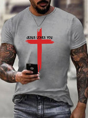 Men's Jesus Loves You Cross Print Casual Tee