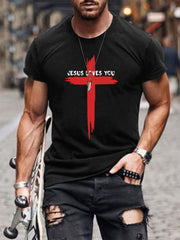 Men's Jesus Loves You Cross Print Casual Tee