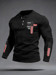 Men's Jesus Loves You Cross Faith USA Flag Print Casual Long Sleeve T-Shirt