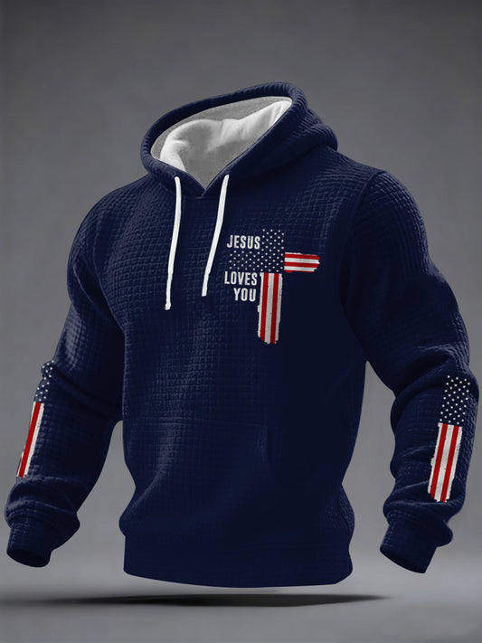 Men's Jesus Loves You Cross Faith USA Flag Print Casual Checkered Hoodie