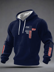 Men's Jesus Loves You Cross Faith USA Flag Print Casual Checkered Hoodie