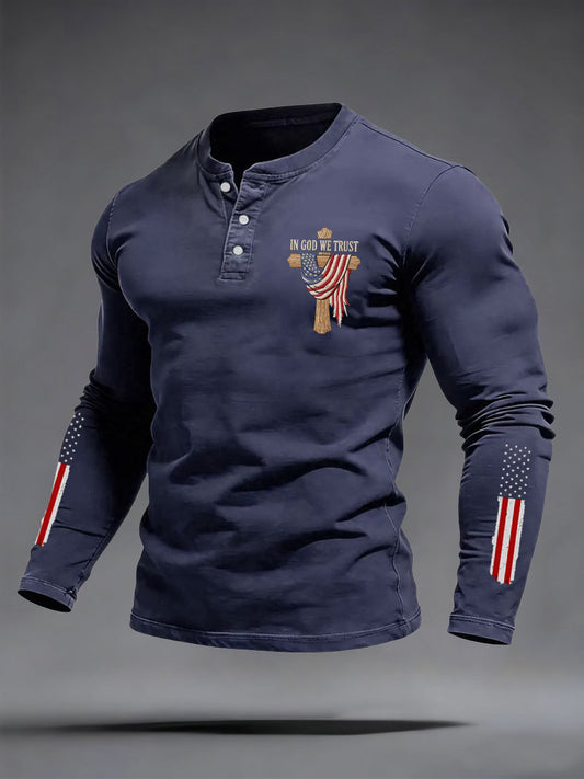 Men's In God We Trust USA Flag Print Casual  Buttons Neck Long Sleeve T-Shirt