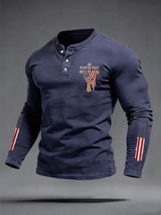 Men's In God We Trust USA Flag Print Casual  Buttons Neck Long Sleeve T-Shirt