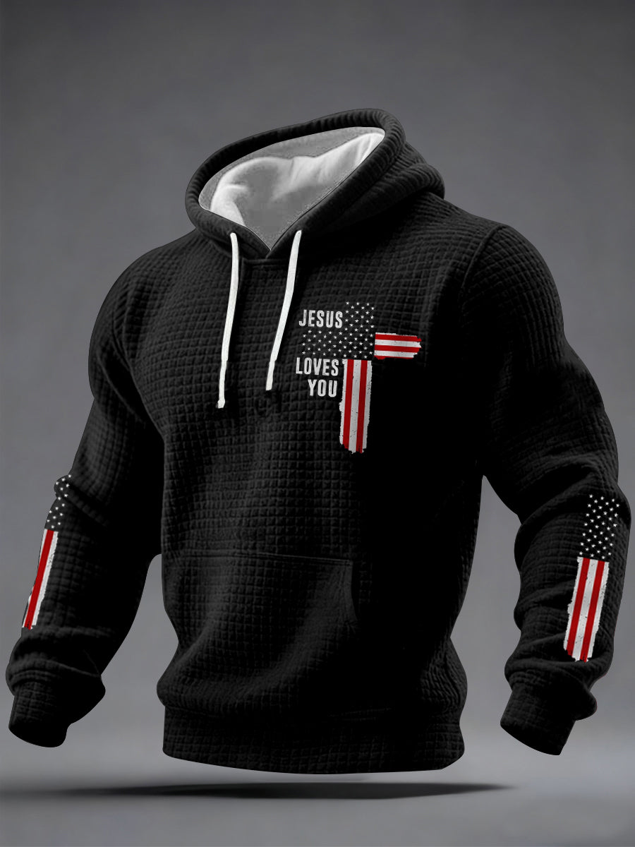 Men's Jesus Loves You Cross Faith USA Flag Print Casual Checkered Hoodie