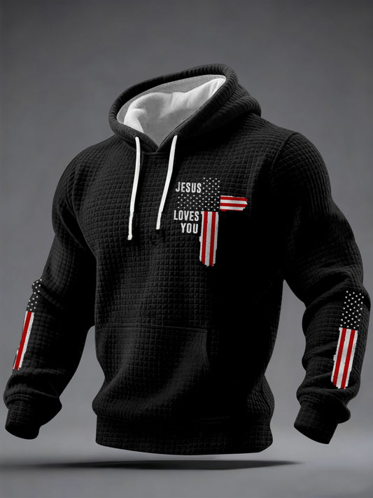 Men's Jesus Loves You Cross Faith USA Flag Print Casual Checkered Hoodie