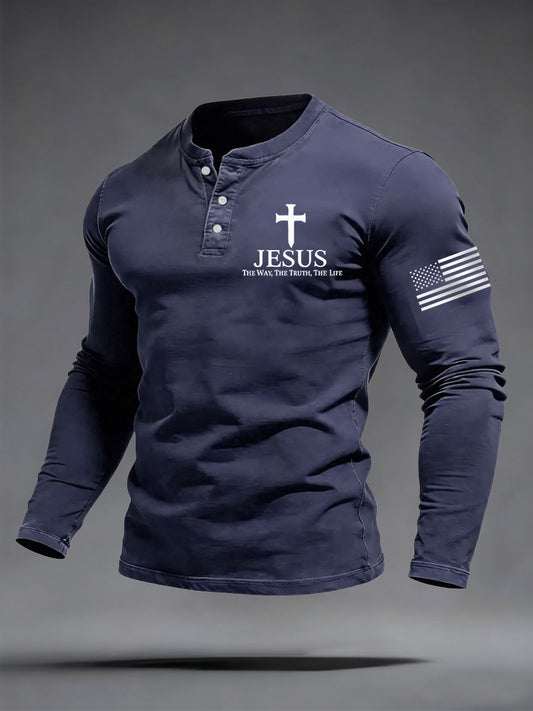 Men's Jesus The Way The Truth The Life Buttons Neck Long Sleeve T-Shirt