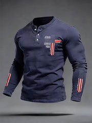 Men's Jesus Loves You Cross Faith USA Flag Print Casual Long Sleeve T-Shirt