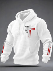 Men's Jesus Loves You Cross Faith USA Flag Print Casual Checkered Hoodie