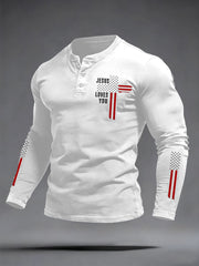 Men's In God We Trust USA Flag Print Casual  Buttons Neck Long Sleeve T-Shirt