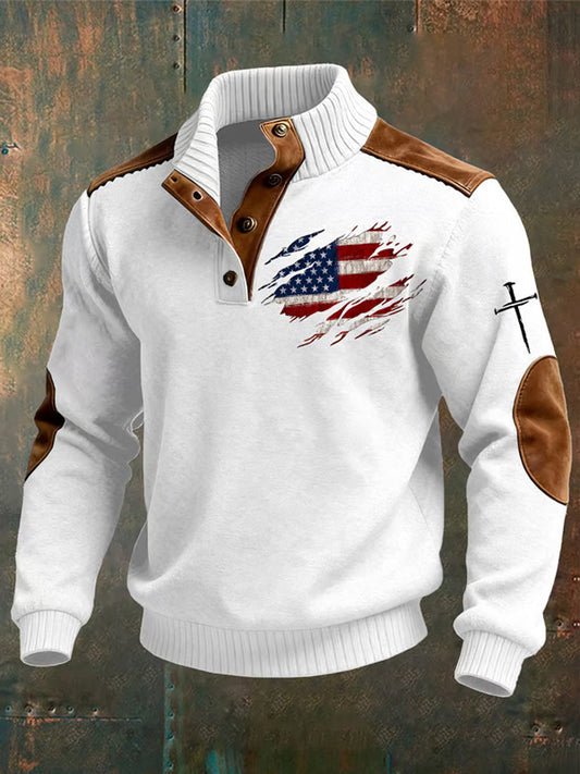 Men's Vintage Faith Cross Print Casual Button-Up Sweatshirt