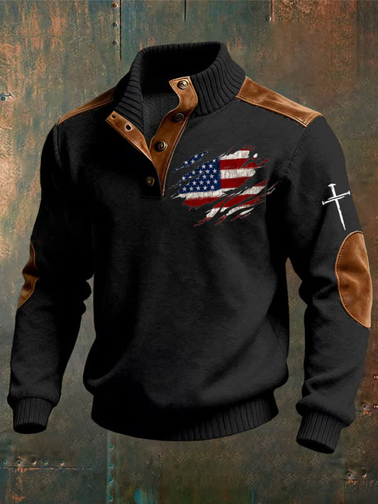 Men's Vintage Faith Cross Print Casual Button-Up Sweatshirt