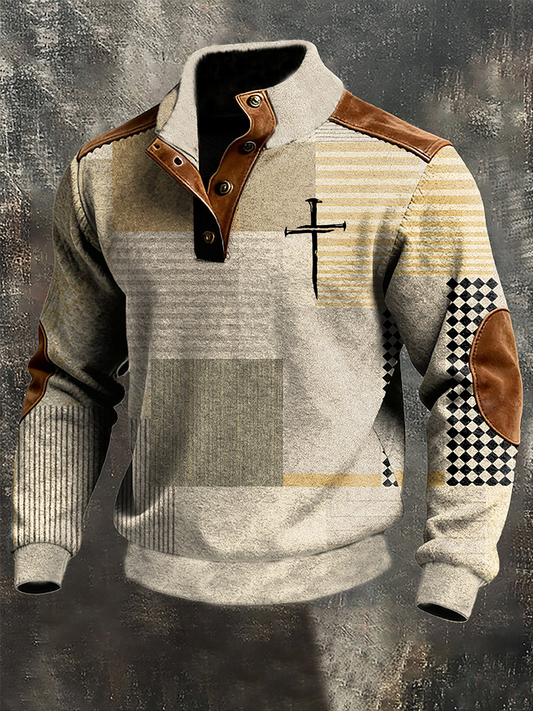 Men's Vintage Faith Print Four-button Hoodie