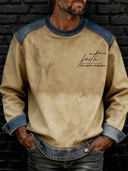 Men's Faith Over Fear Printed Denim Patchwork Crewneck Sweatshirt
