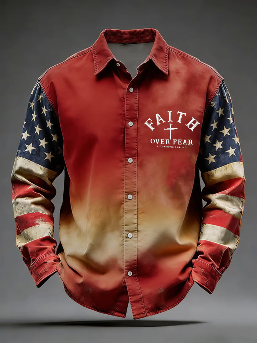 Men's Vintage Flag Christian Faith Over Fear Cross Printed Shirt