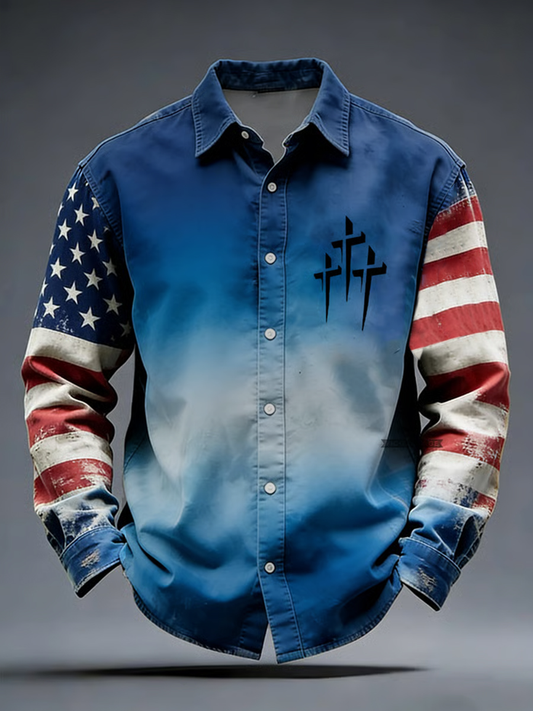 Men's Vintage Flag Christian Faith Cross Printed Shirt