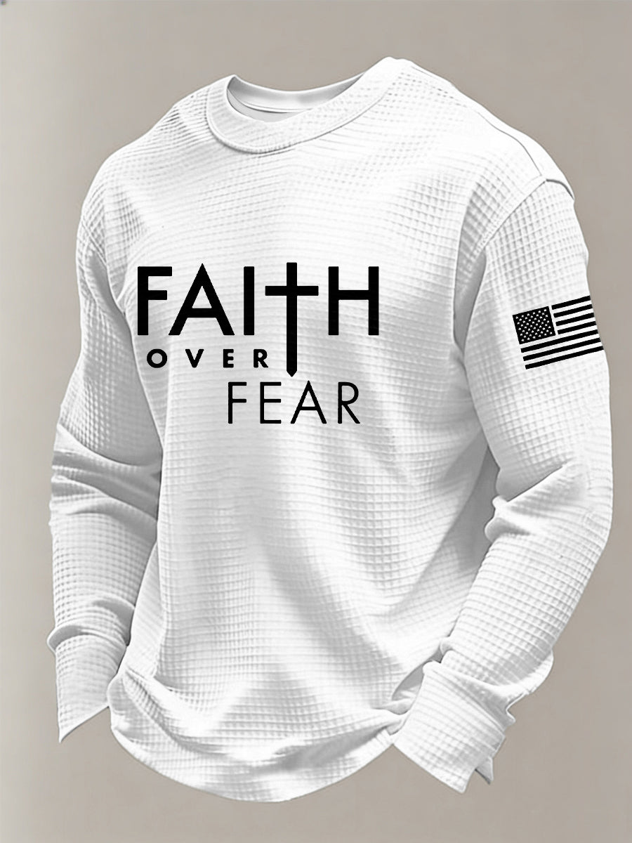 Men's Christian Faith Over Fear Cross Printed Waffle Sweatshirt
