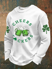 Men's Funny St Patrick's Day Cheers F*ckers Green Beer Shamrock Print Waffle Long Sleeve T-Shirt