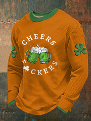 Men's Funny St Patrick's Day Cheers F*ckers Green Beer Shamrock Print Waffle Long Sleeve T-Shirt