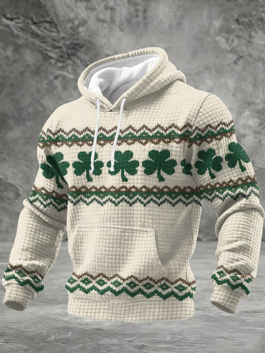 Men's St. Patrick's Day Shamrock Art Checkered Cotton Hoodie