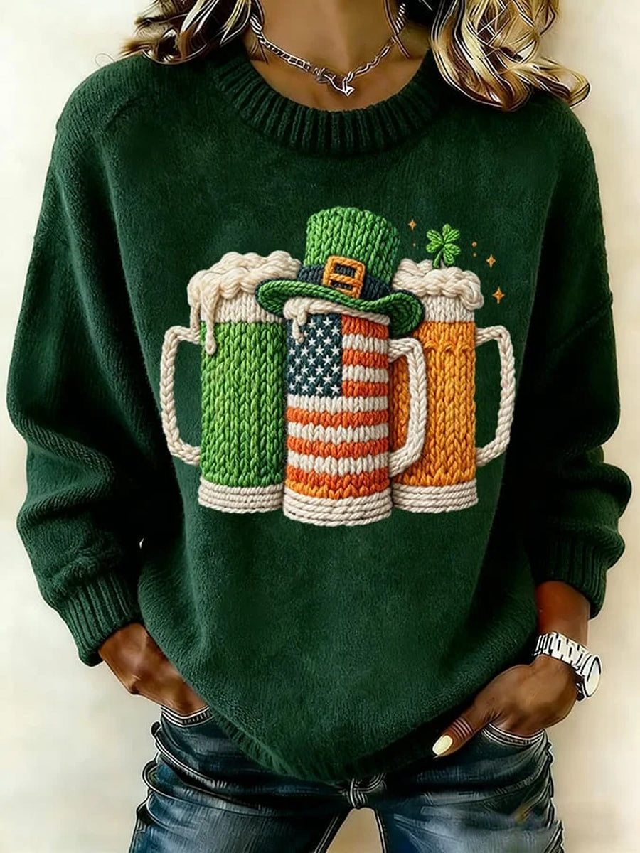 Women's St. Patrick's Day Shamrock Beer Art Printed Crew Neck Sweater