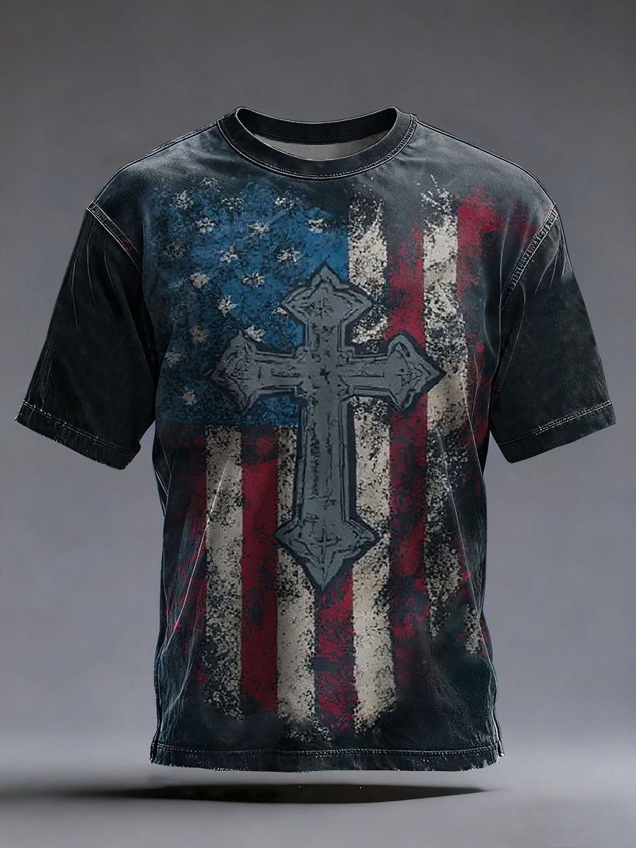 Men's Vintage America Flag Christian Cross Short Sleeve T-shirt