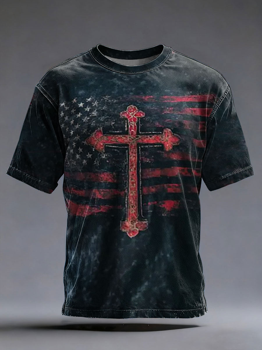 Men's Vintage America Flag Christian Cross Short Sleeve T-shirt