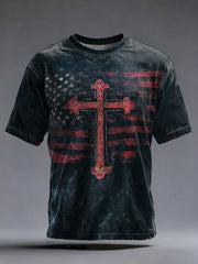 Men's Vintage America Flag Christian Cross Short Sleeve T-shirt