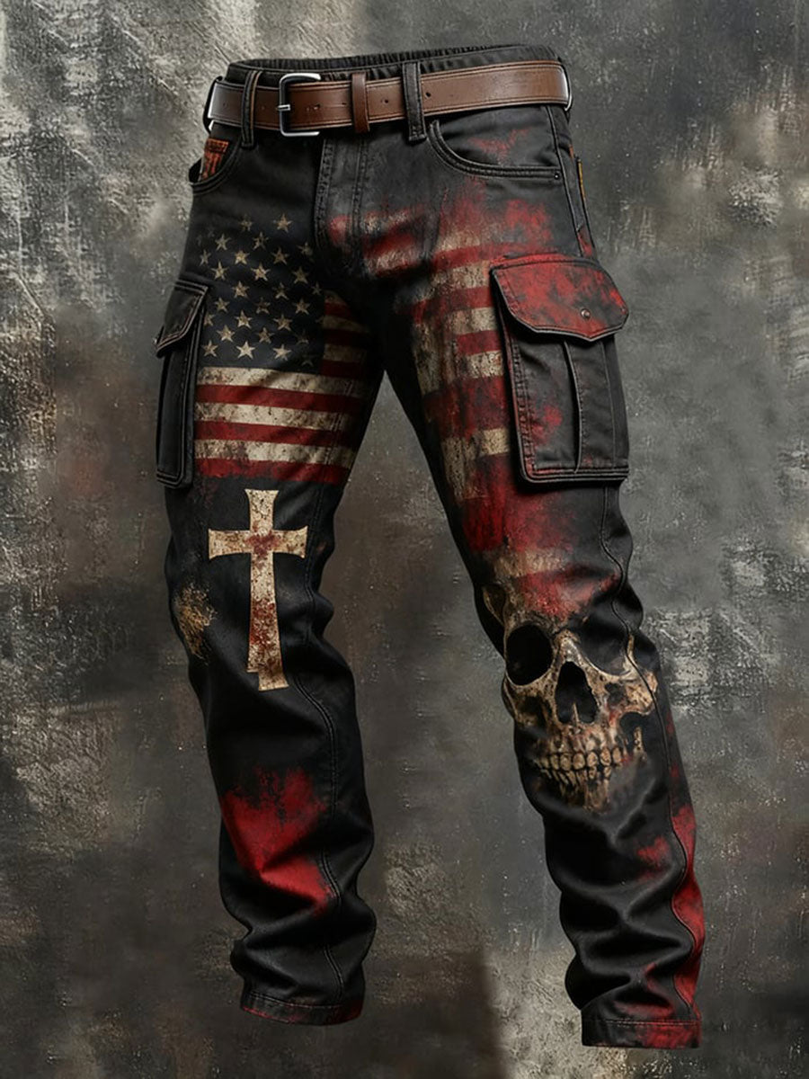 Men's Retro Faith American Flag Art Pocket Cargo Pants