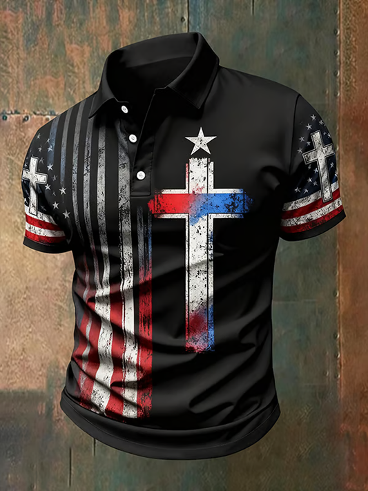 Men's Vintage Casual Faith Cross Patriot Button-Down Short Sleeve polo shirt