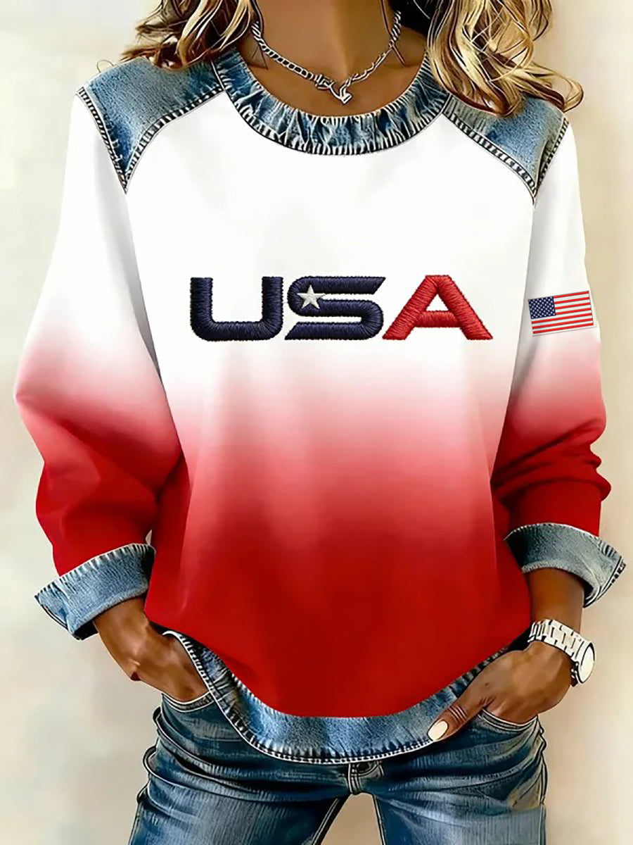 Women's USA Winter Sports 2026 Print Denim Patchwork Top