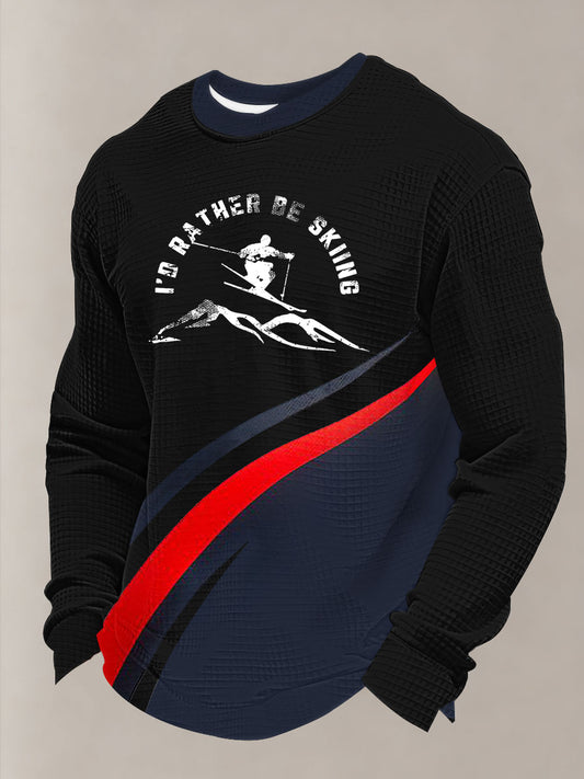 Men's Winter Sports 2026 Skiing Print Waffle Long Sleeve Sweatshirt