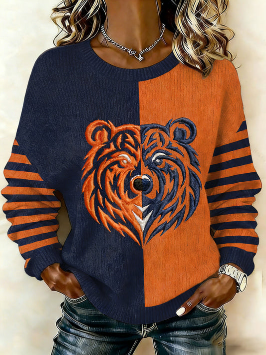 Women's Bear Print Football Fans Gameday Casual Sweater