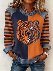 Women's Football Fans Gameday Casual Denim Patchwork Top