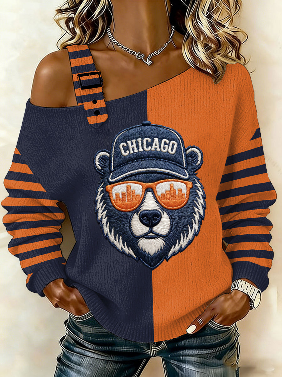 Women's Bear Print Football Fans Gameday Casual Off-Shoulder Top