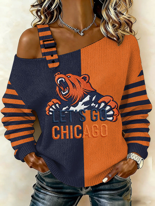 Women's Let’s Go Chicago Print Football Fans Gameday Casual Off-Shoulder Top