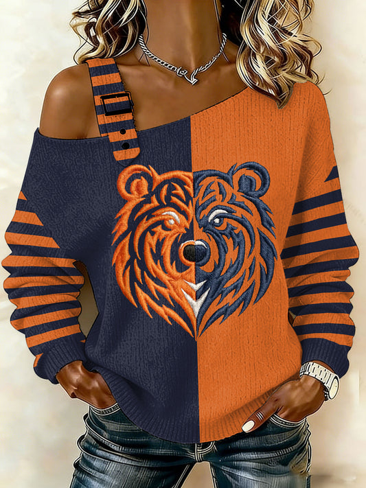 Women's Bear Print Football Fans Gameday Casual Off-Shoulder Top