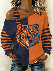 Women's Bear Print Football Fans Gameday Casual Off-Shoulder Top